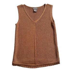 Sigrid Olsen Womens Knit Dark Orage Sleeveless Round V-Neck Tank Top XS Small‎
